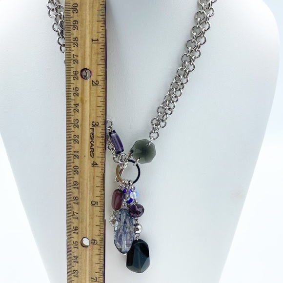 Double Chunky Link Chain Front Toggle Clasp Dangling Faux Gems Necklace - Picture 5 of 11